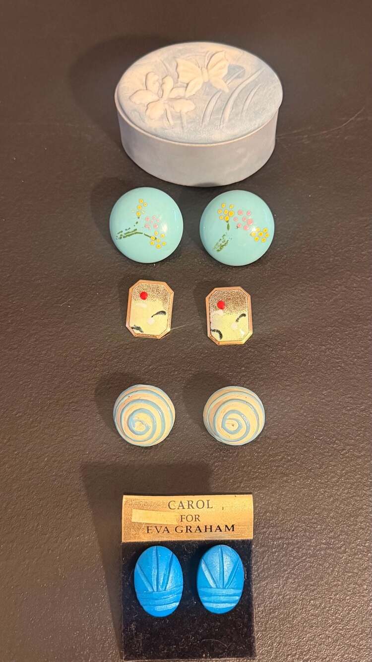 Vintage Blue Earrings Lot with Trinket Box